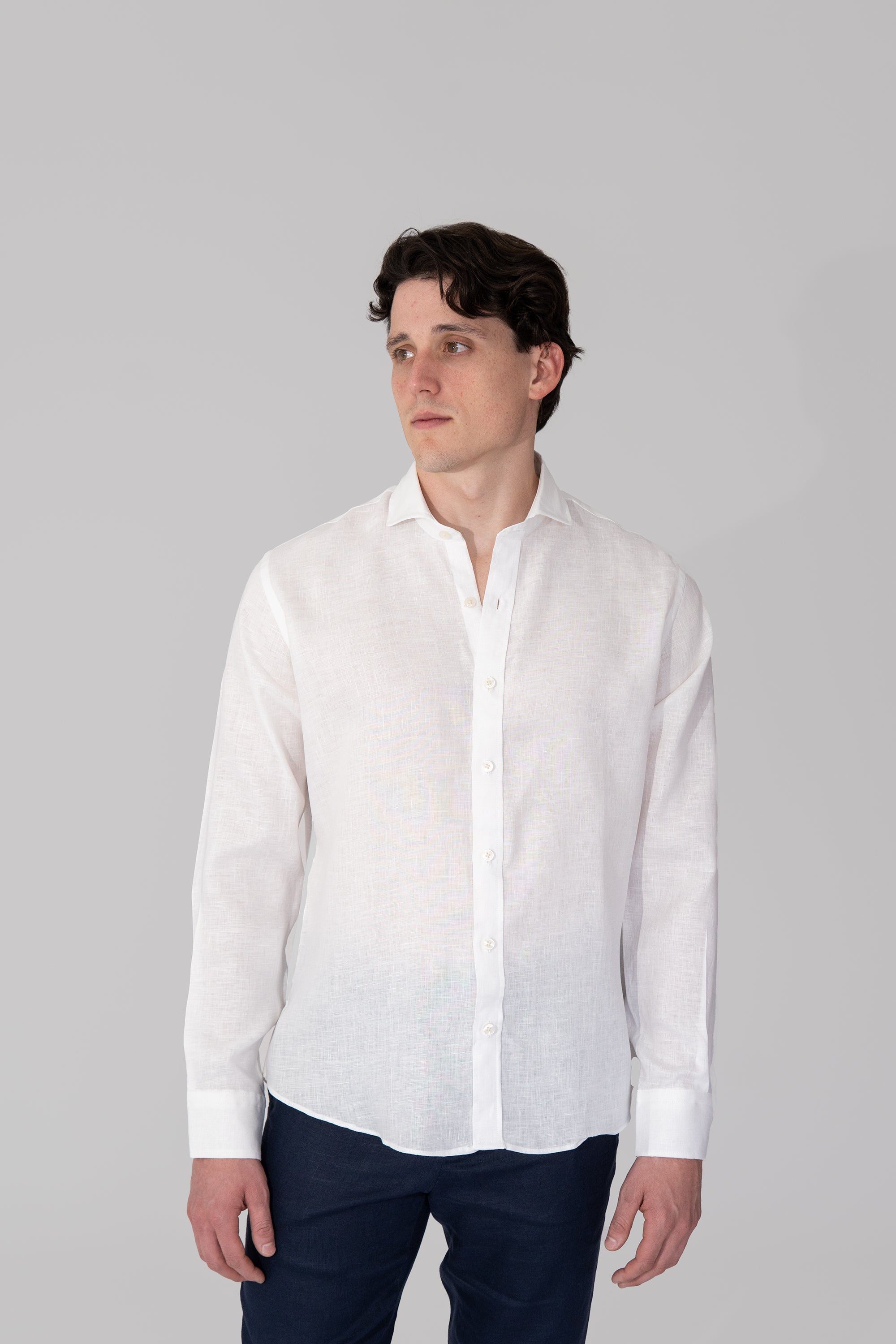 Long Sleeve French Collar Linen Shirt - White