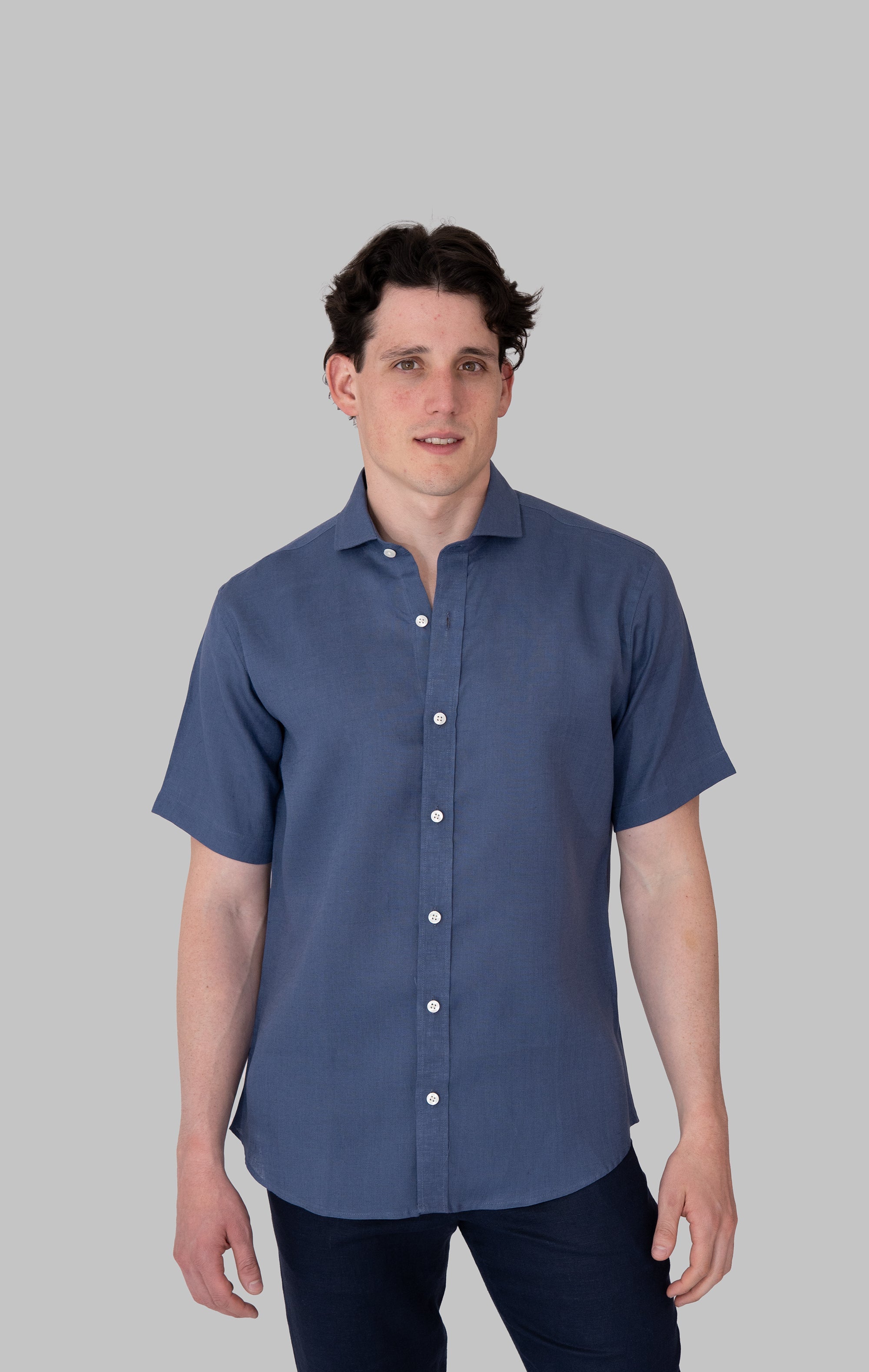 Short Sleeve European Flax French Collar Linen Shirt - Blue Indigo