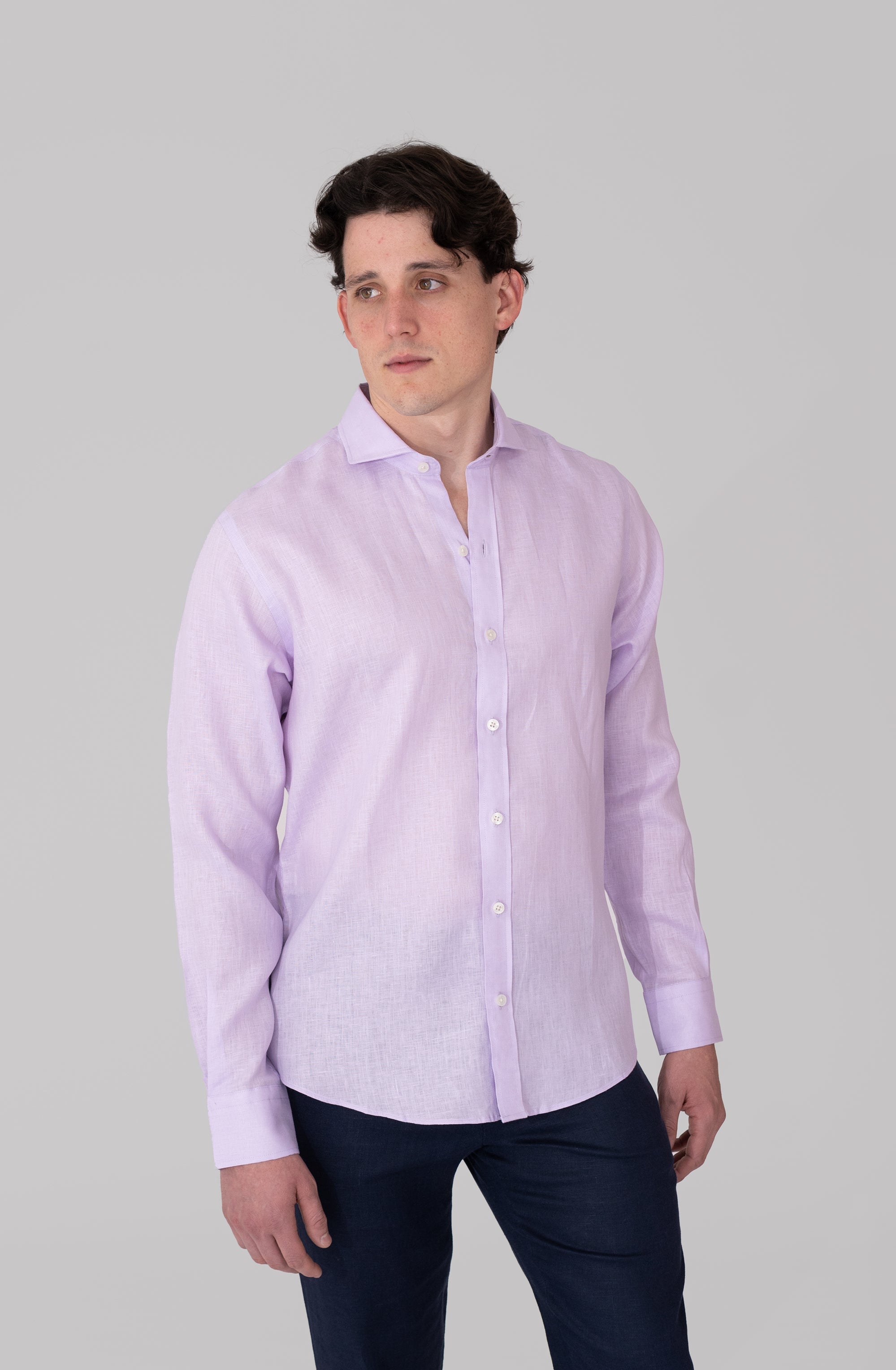 Long Sleeve French Collar Linen Shirt - Lilac