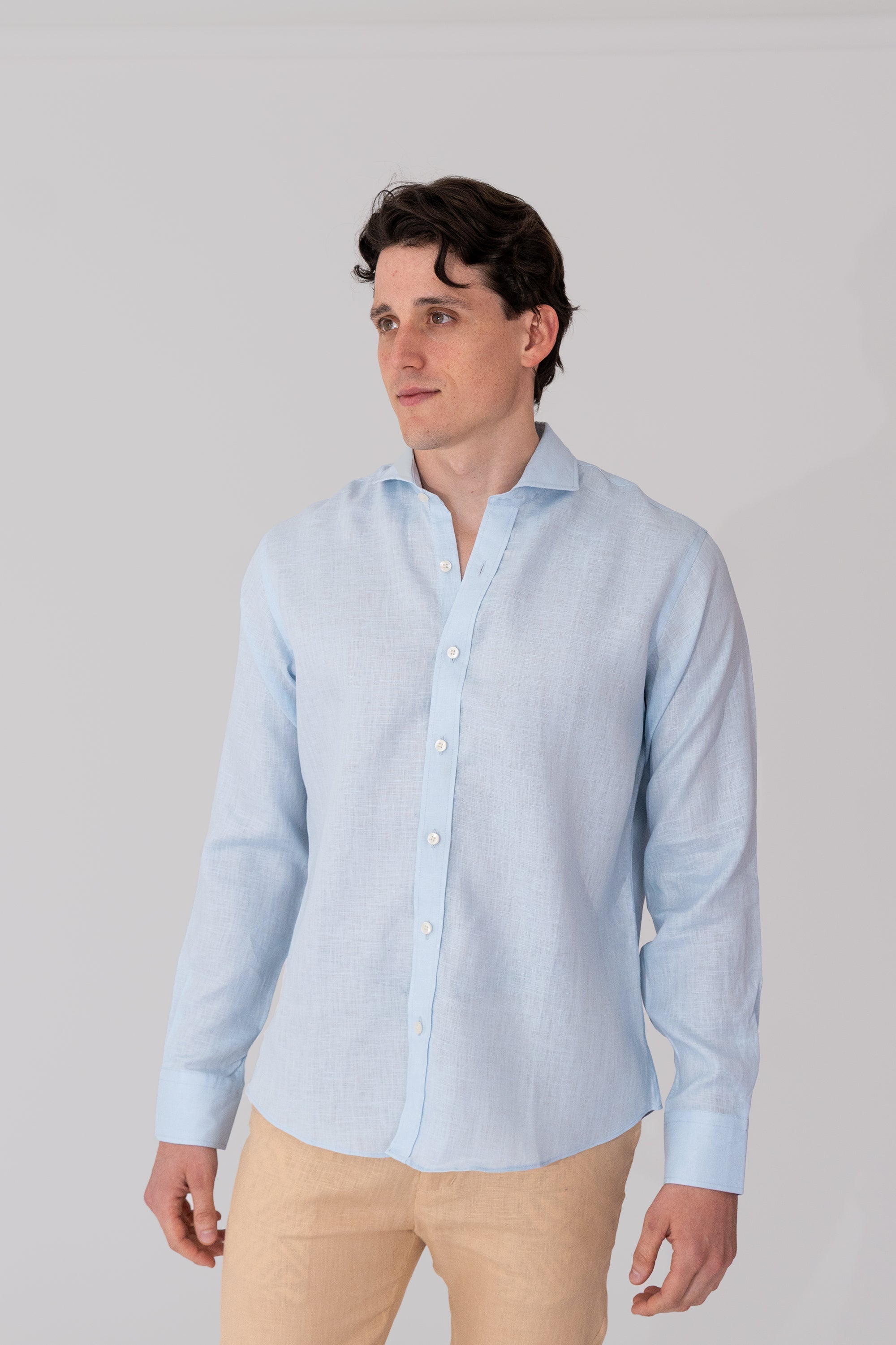 Long Sleeve French Collar Linen Shirt - Sky