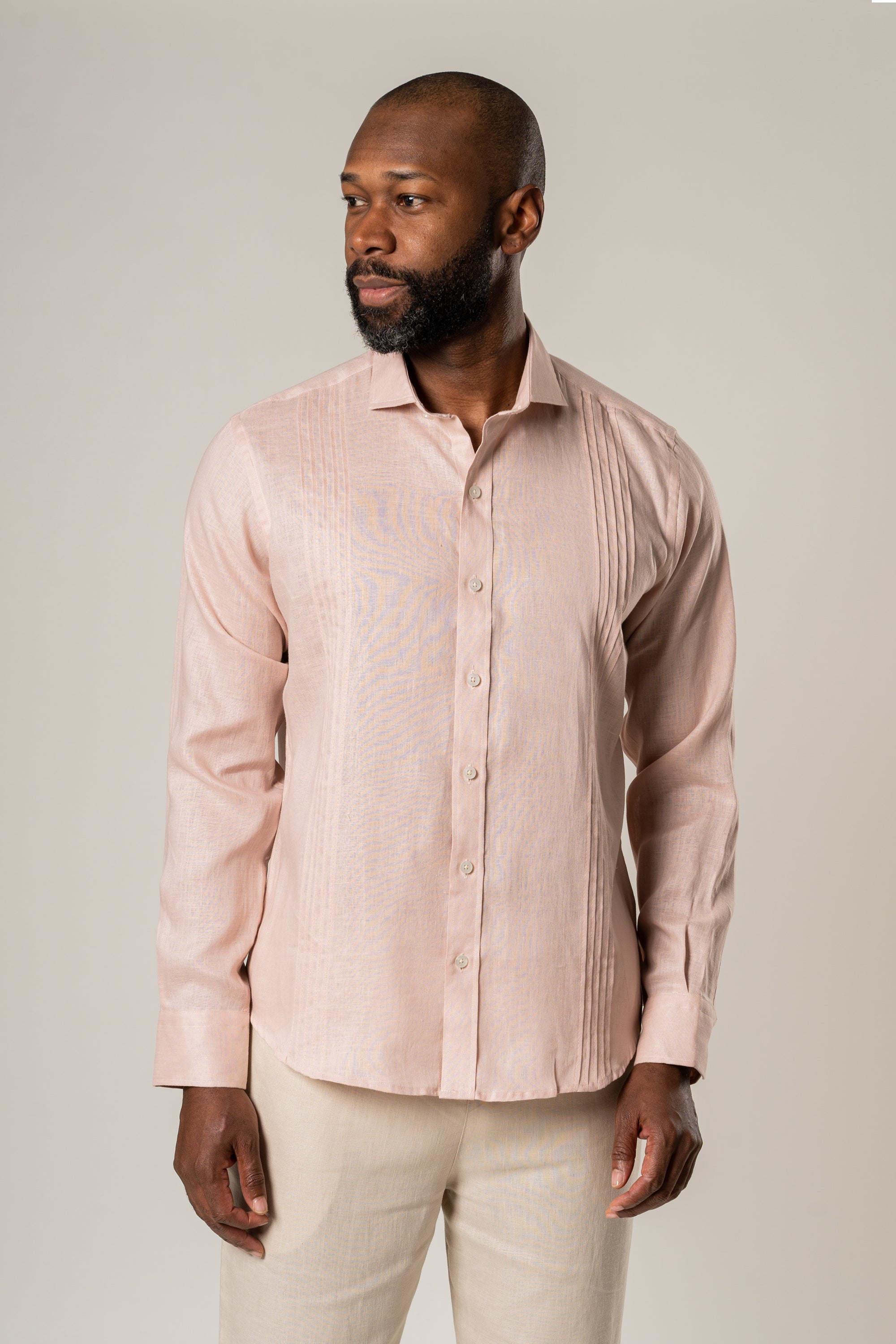French Collar Linen Guayabera - Pink Cream
