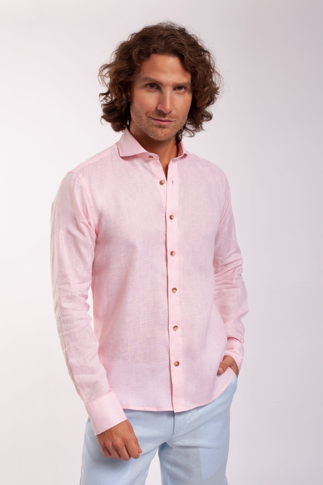 Long Sleeve French Collar Linen Shirt - Dusty Blue