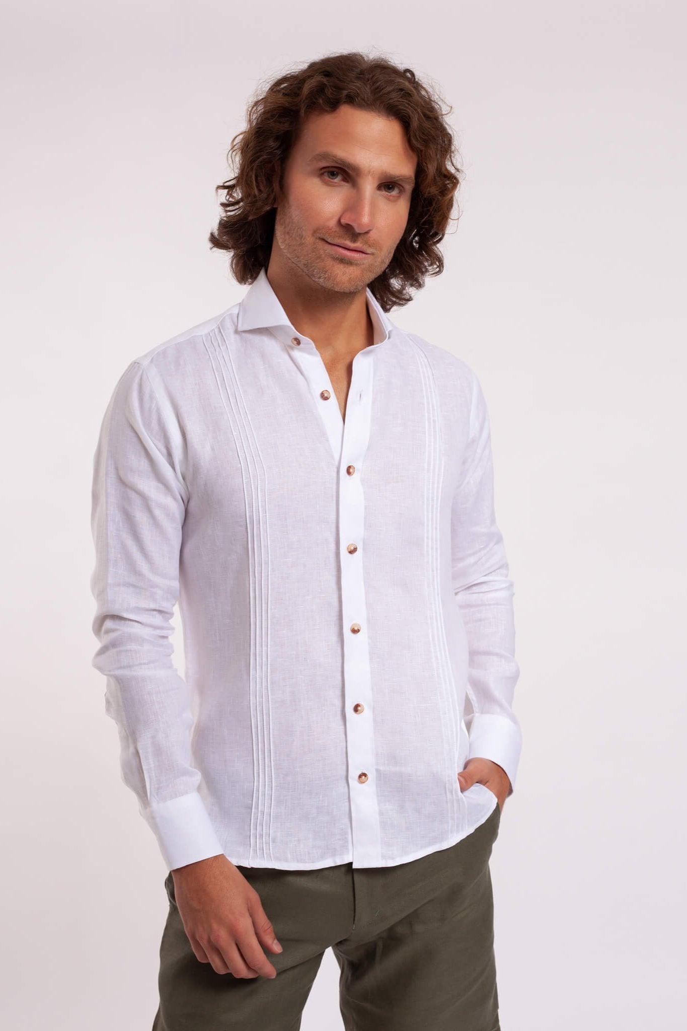 French Collar Linen Guayabera - White