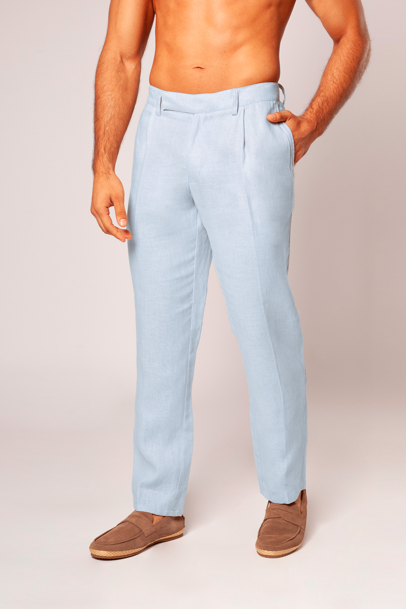 Pleated European Flax Linen Pants - Light Blue