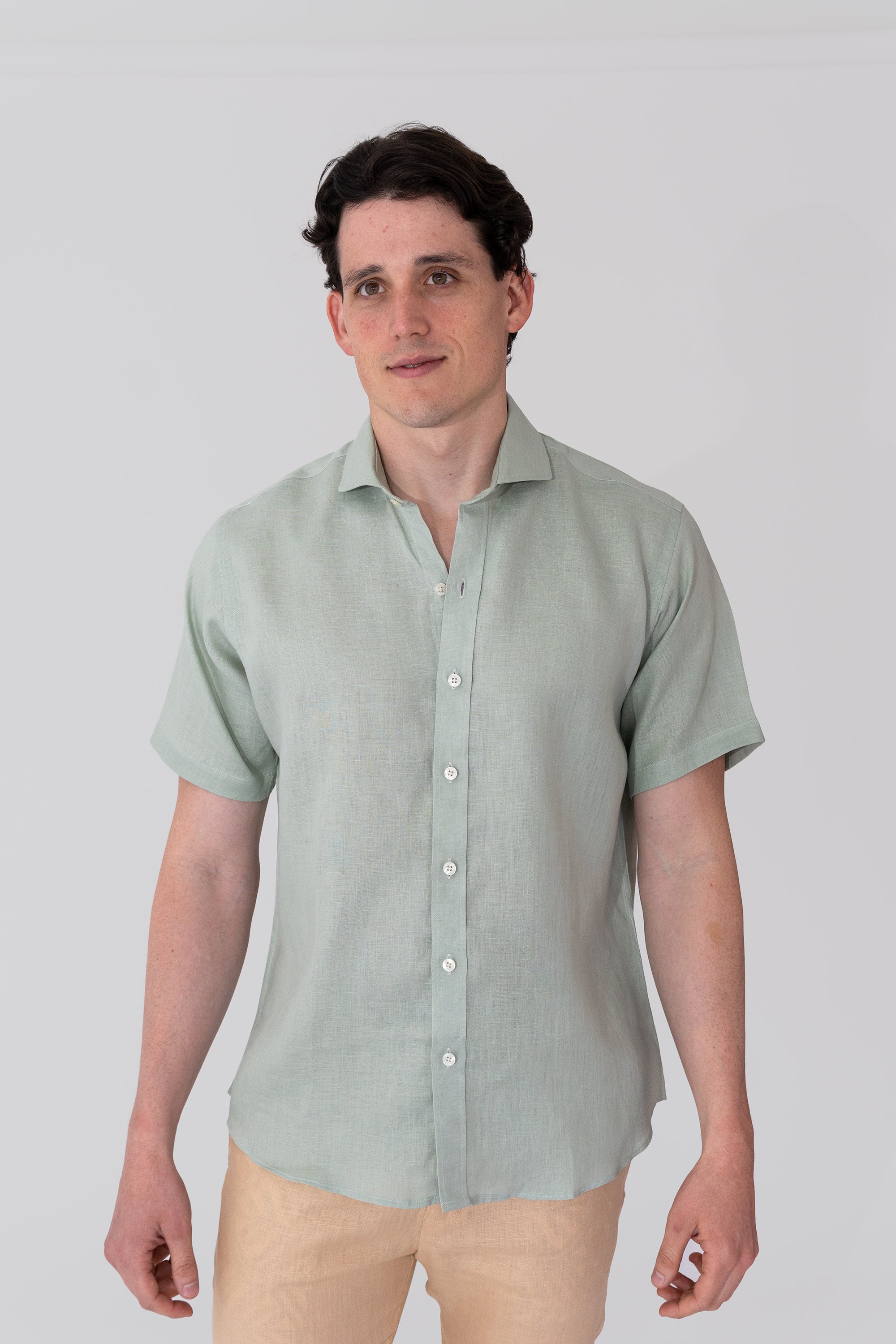 Short Sleeve European Flax French Collar Linen Shirt - Aloe