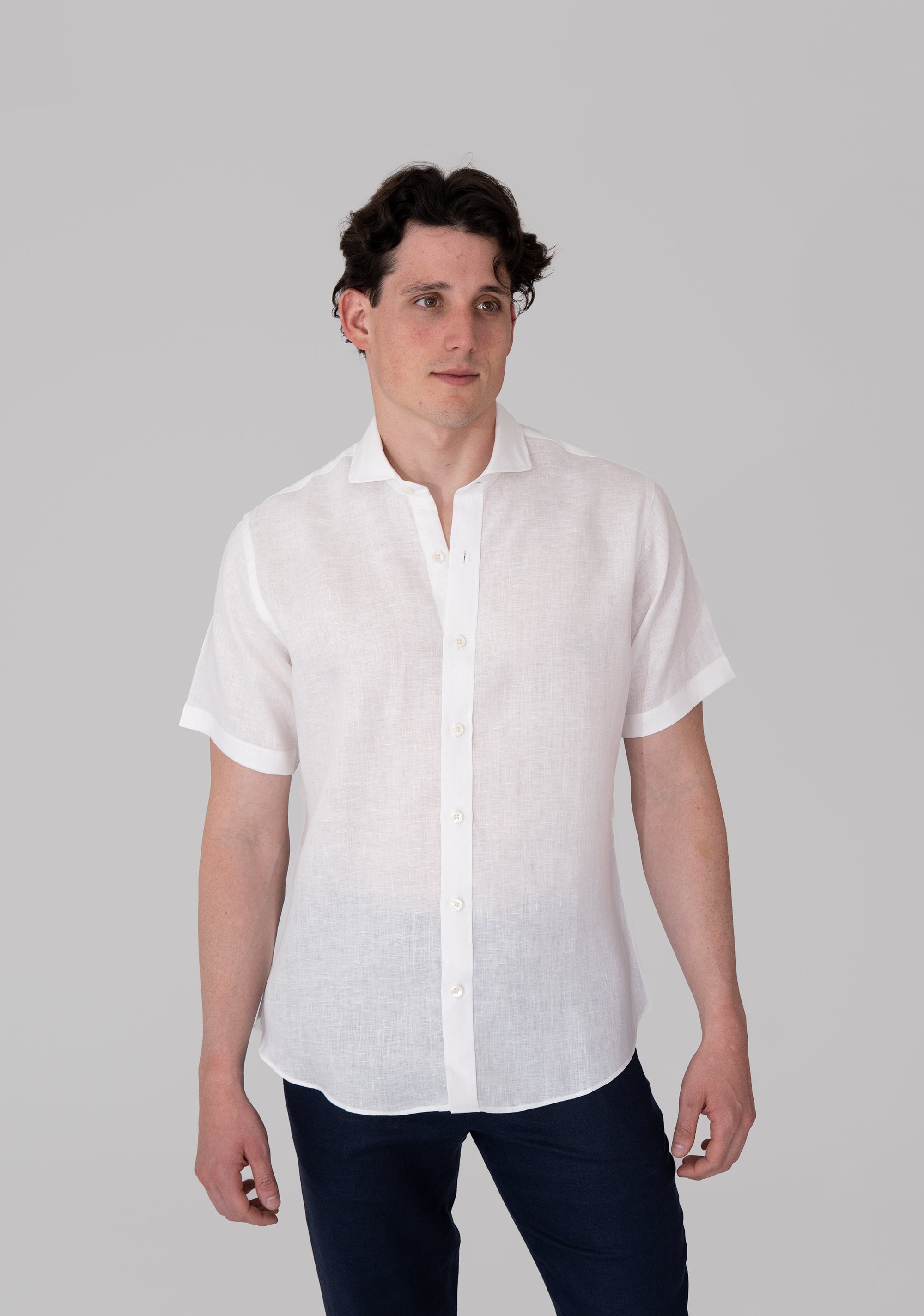 Short Sleeve European Flax French Collar Linen Shirt - White