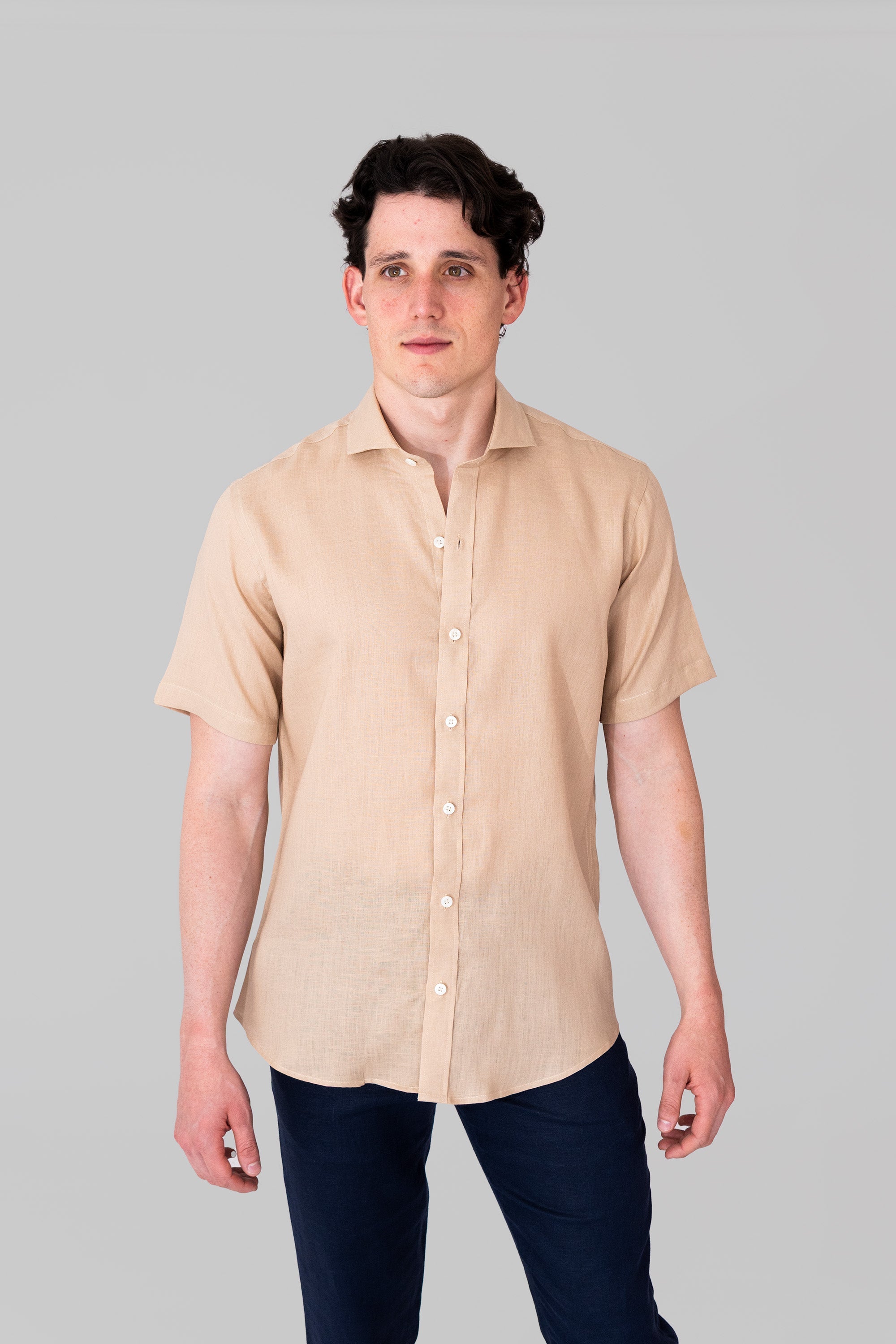 Short Sleeve European Flax French Collar Linen Shirt - Gilded Beige