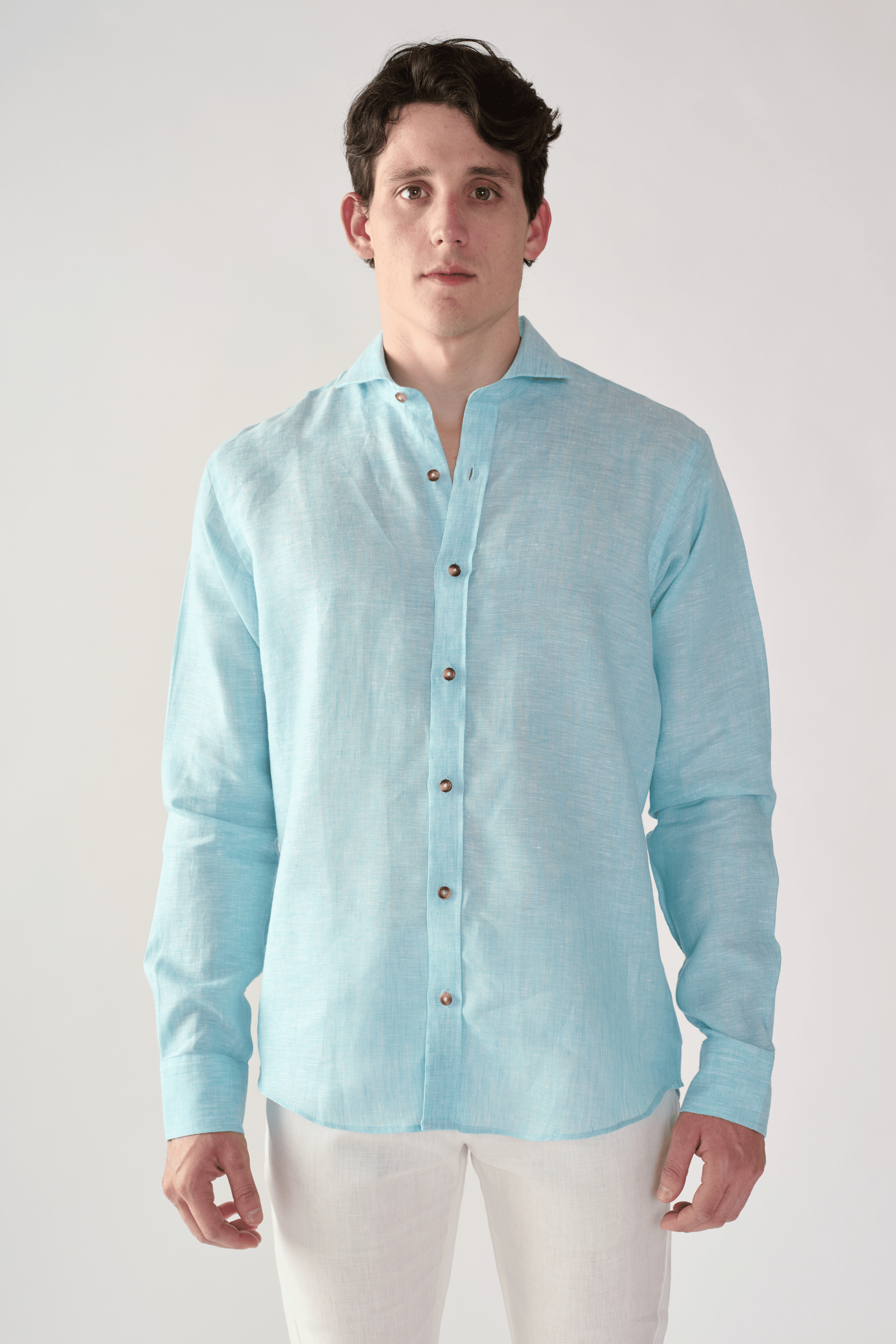 European Flax French Collar Linen Shirt - Ice Blue