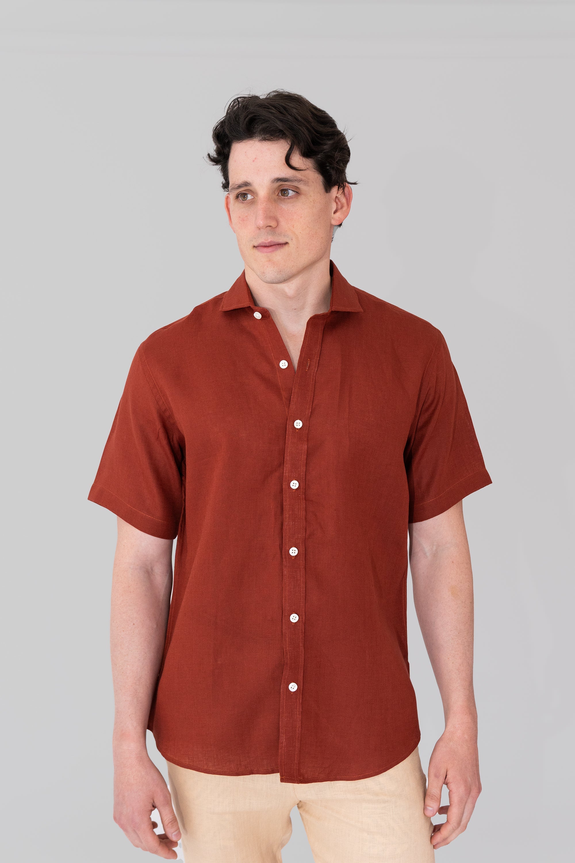 Short Sleeve European Flax French Collar Linen Shirt - Ice Blue