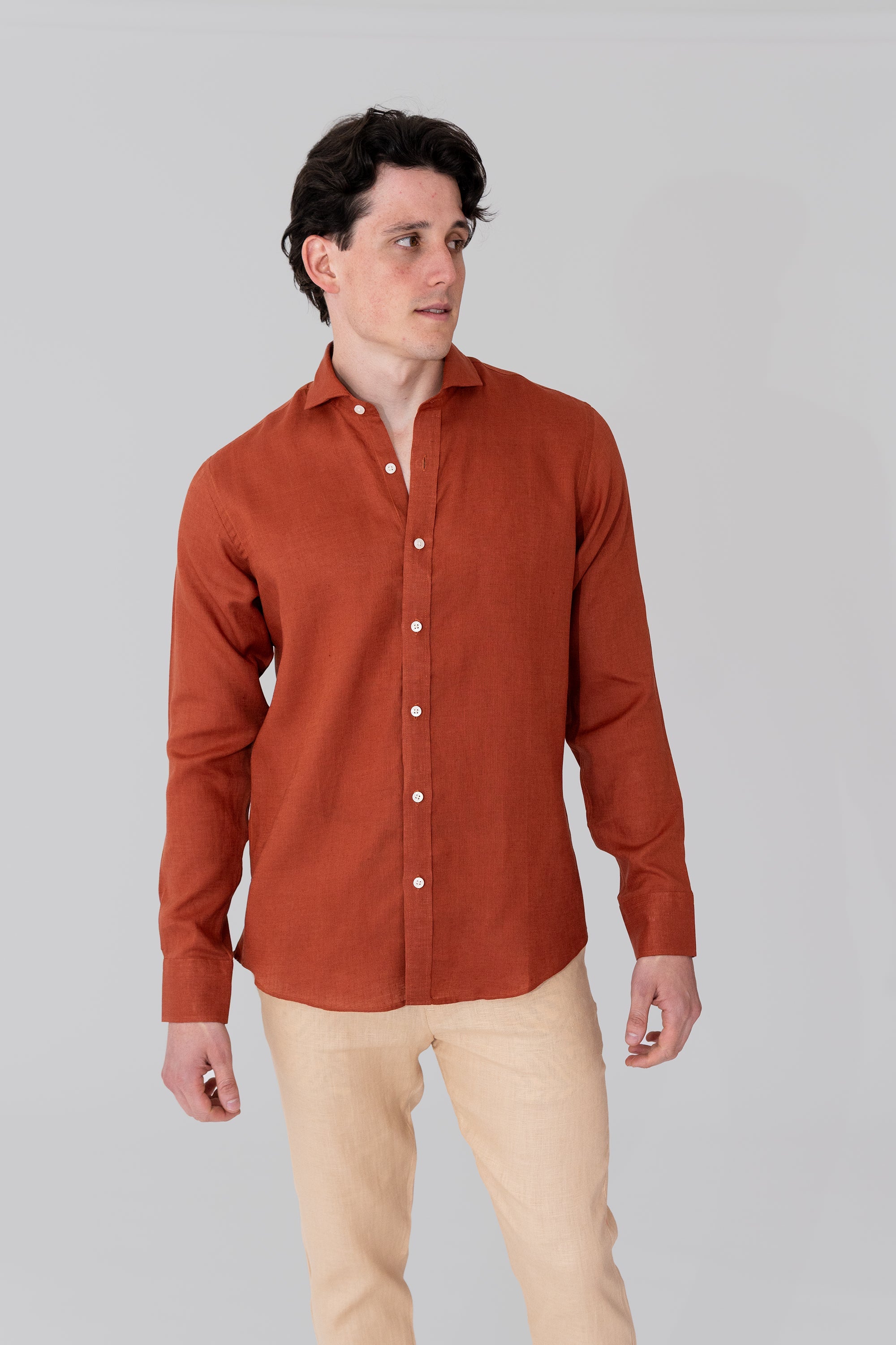 European Flax French Collar Linen Shirt - Roasted Russet