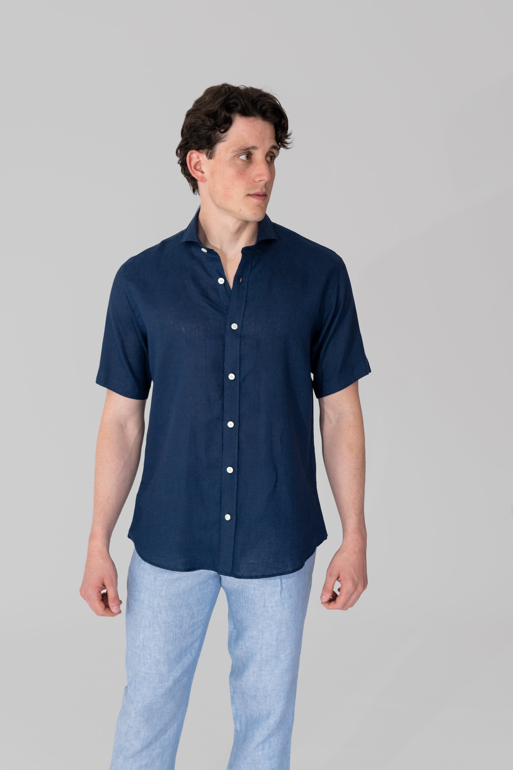 Short Sleeve European Flax French Collar Linen Shirt - Stellar