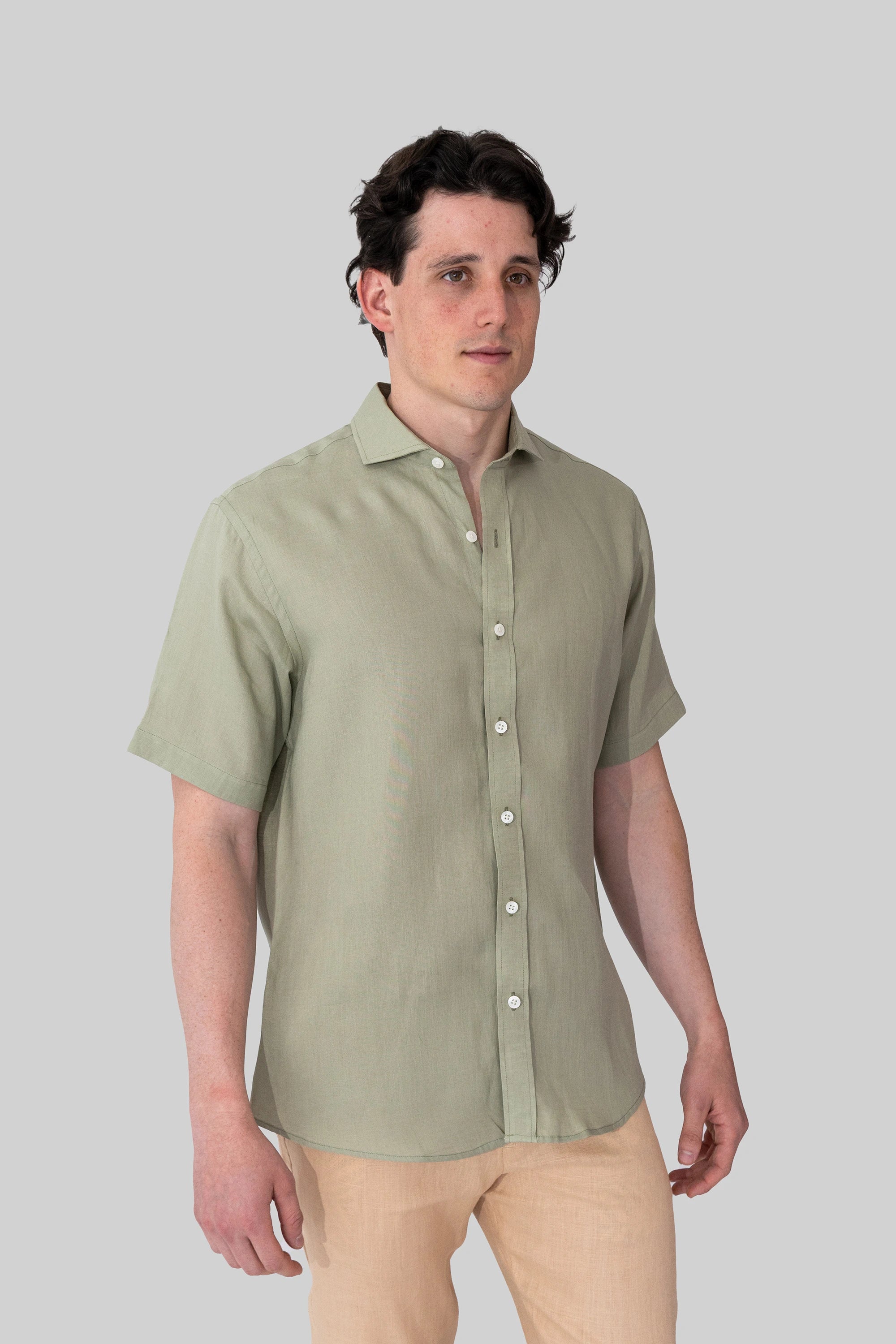 Short Sleeve European Flax French Collar Linen Shirt - Tea