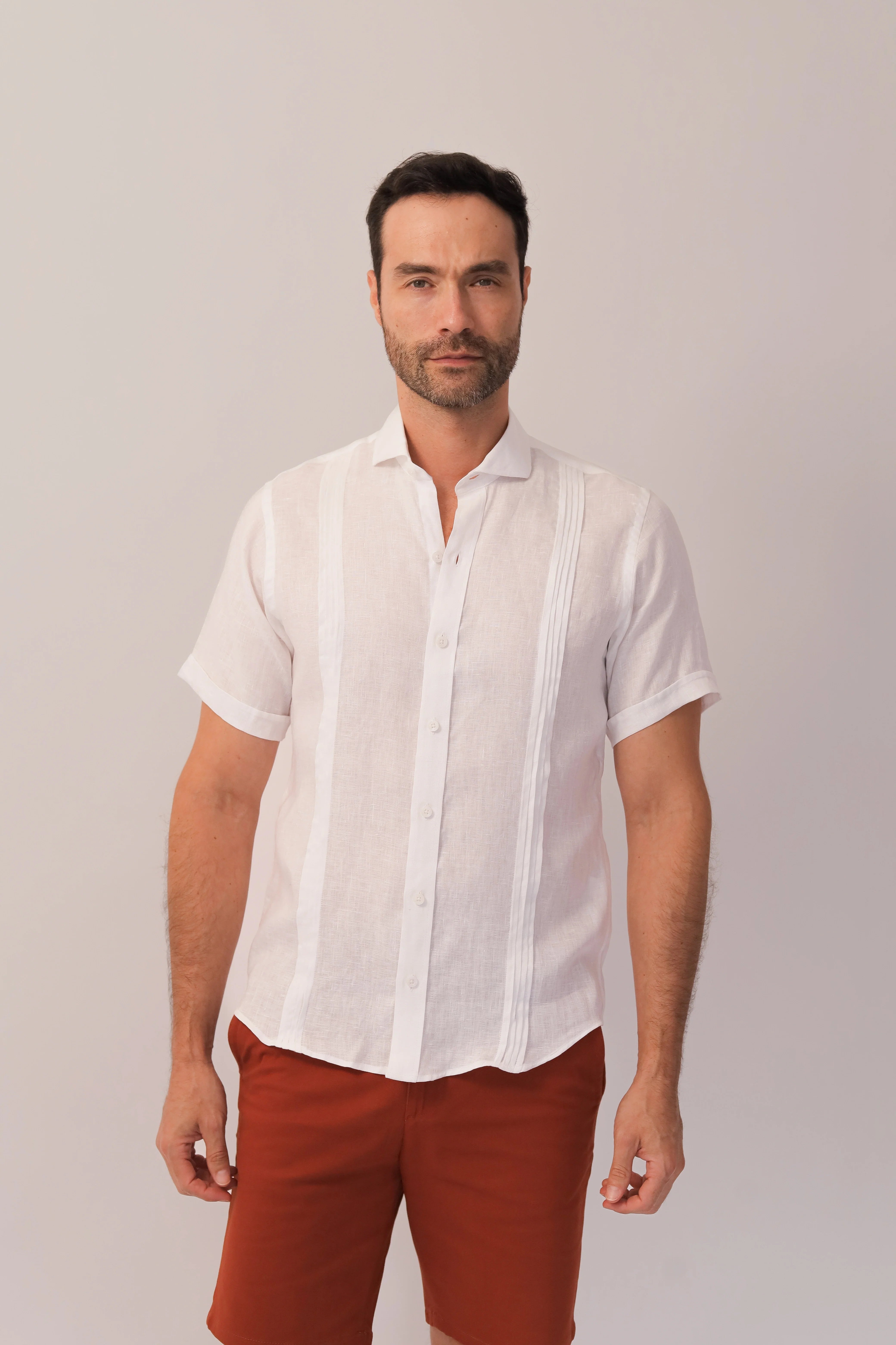 Short Sleeve French Collar Linen Guayabera - Burnt Yellow