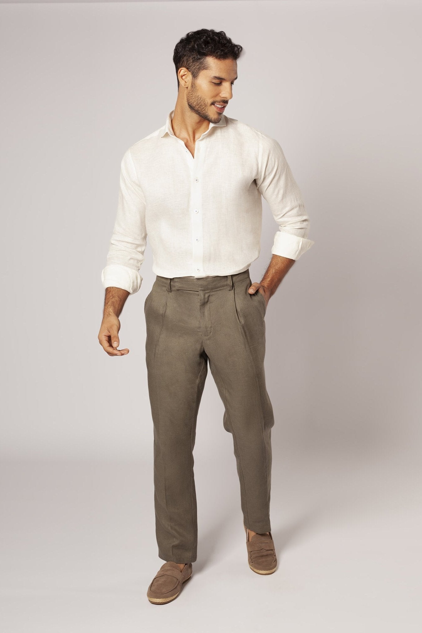 Pleated European Flax Linen Pants - Olive Khaki