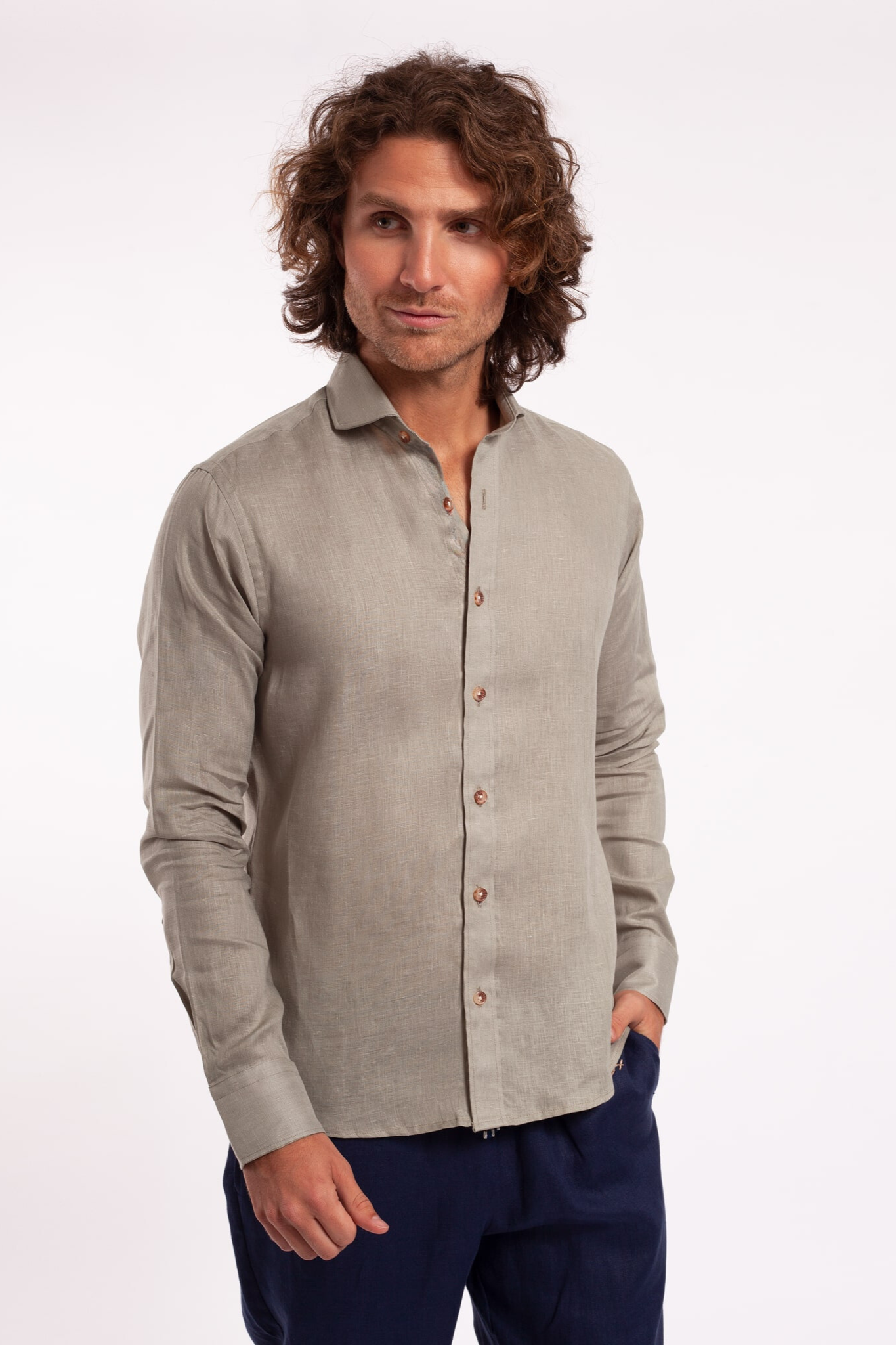 Long Sleeve French Collar Linen Shirt - Aloe