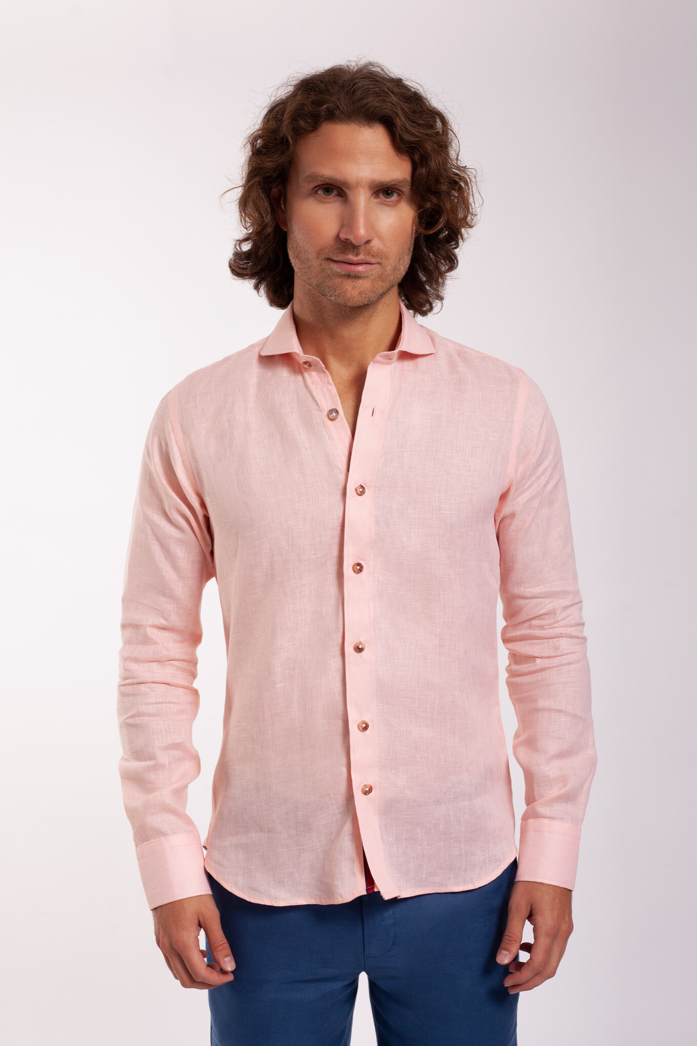 Long Sleeve French Collar Linen Shirt - Salmon
