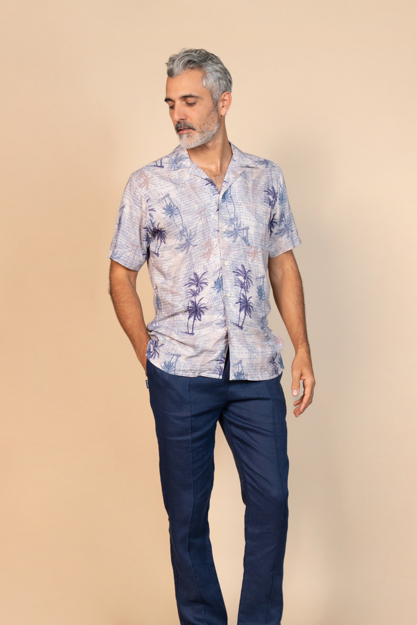 Ecovero Cuban Collar Shirt - Palms Indigo