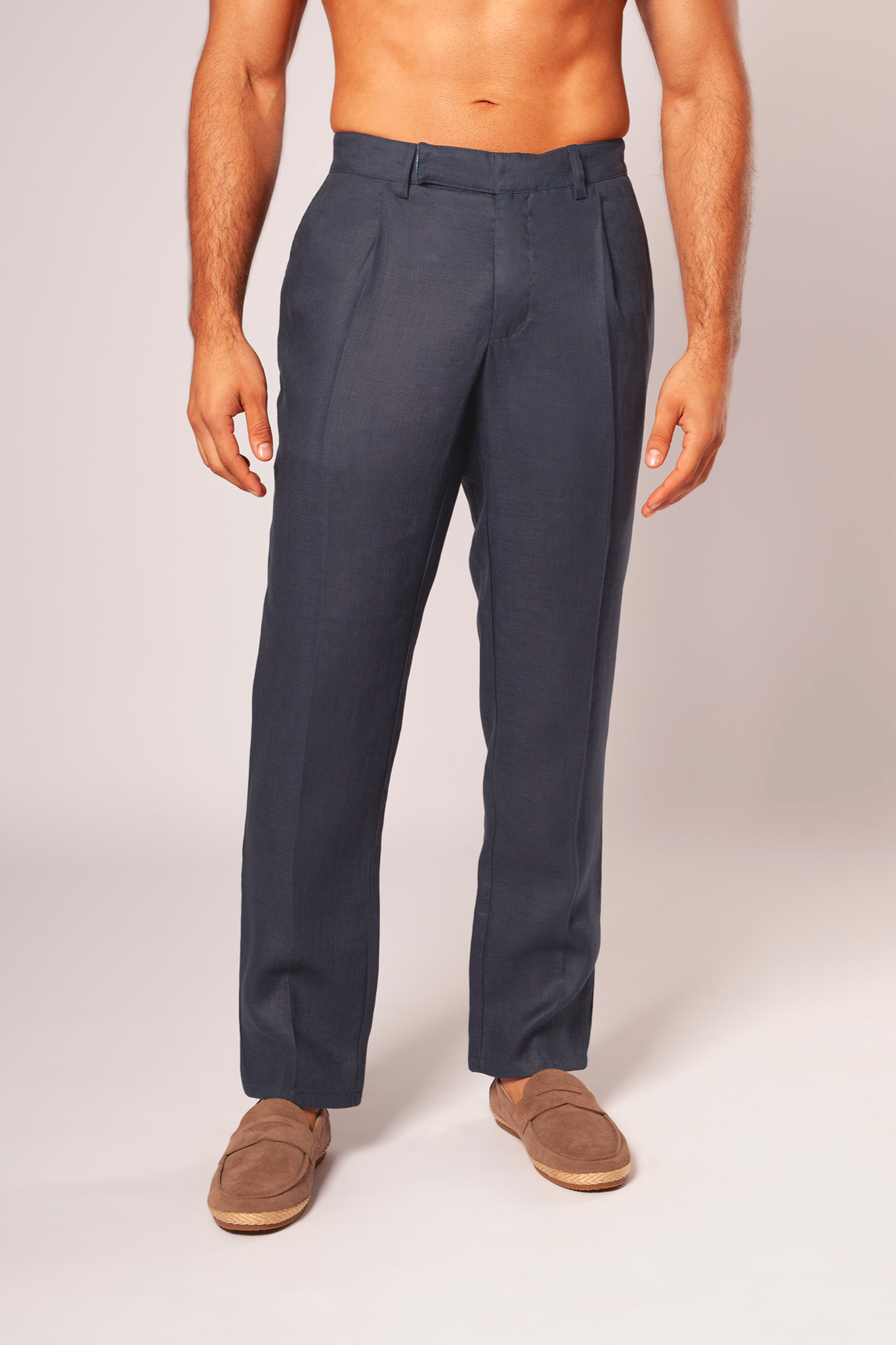 Pleated European Flax Linen Pants - Navy Grey